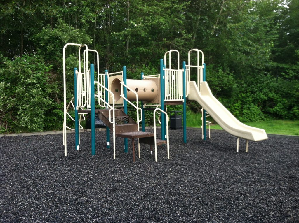 playground on top of rubber mulch with woods in background